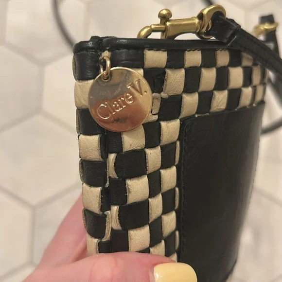 Clare V Poche Leather Woven Checkered Black/Cream Crossbody Bag 🏁 - Picture 6 of 12